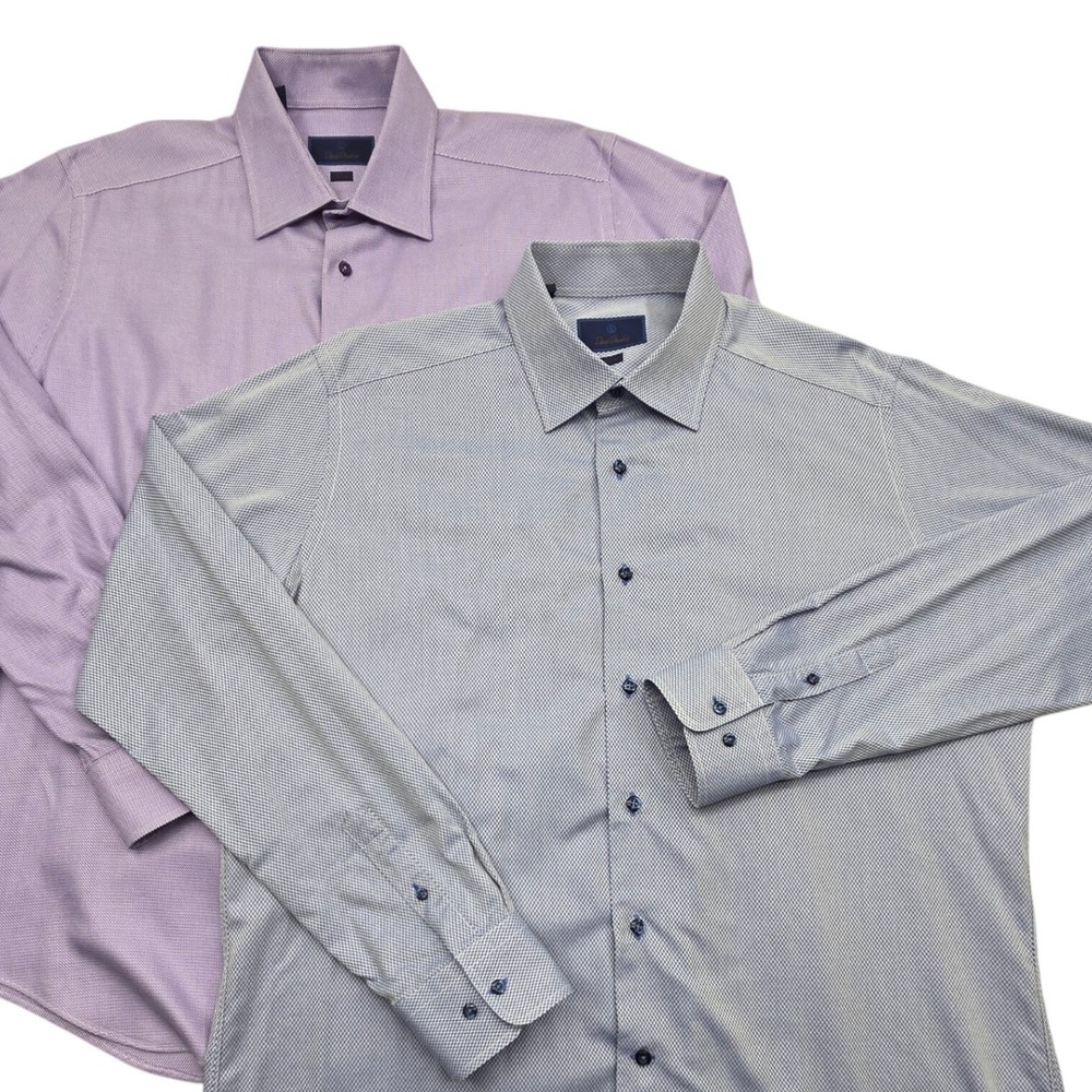 Lot of 2 David Donahue Trim Fit Dress Shirt Mens 17.5 36/37 Micro-Print